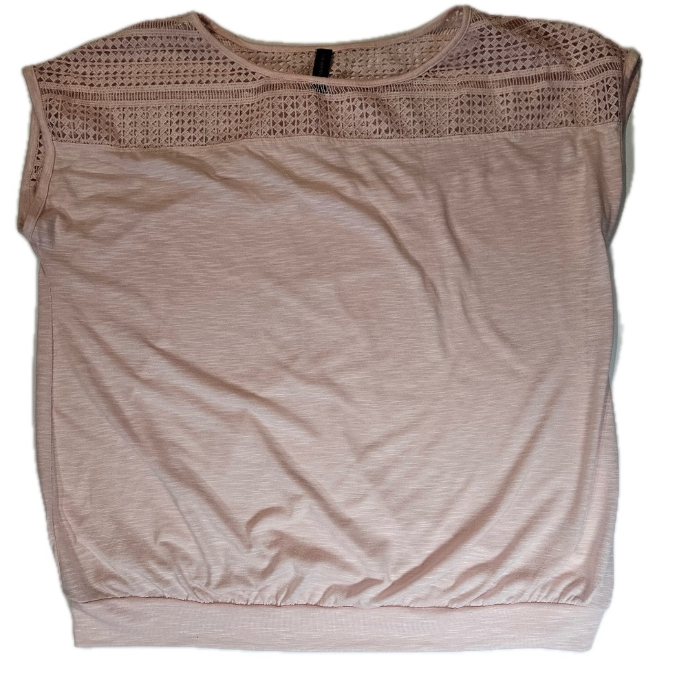 Lane Bryant Shirt Womens 14/16 Pink Lace Yoke‎ Short Sleeve Stretch Blouse Top